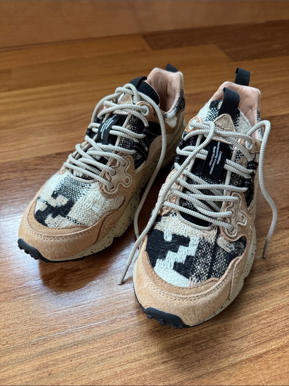 Woven Beige & Black Women's Sneakers — Casual Lace-Up Comfort